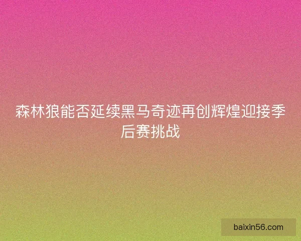 森林狼能否延续黑马奇迹再创辉煌迎接季后赛挑战
